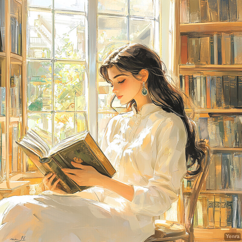 A serene scene of a woman reading by a window