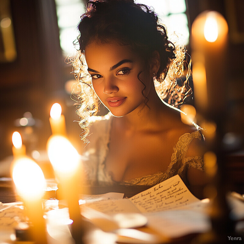 Woman sitting at a desk surrounded by candles and papers