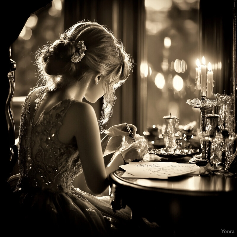 A woman in a formal gown sits at a table, writing with a pen, surrounded by elegant objects and a warm atmosphere.