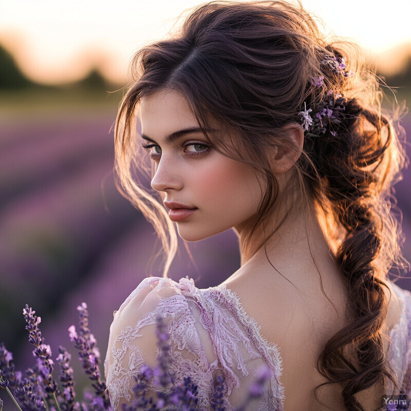 A young woman with long brown hair in a lavender field