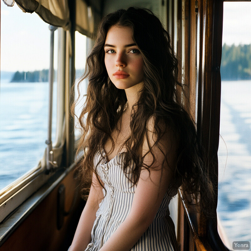 A young woman stands by a window overlooking a body of water, wearing a white dress with thin blue stripes.