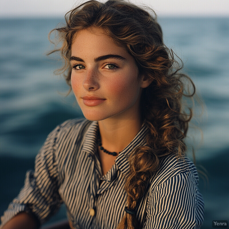 A young woman with long brown hair and a striped shirt gazes directly at the camera in front of a blurred body of water.