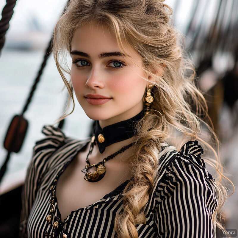 A young woman with long blonde hair styled in a braid, dressed in a black and white striped blouse and black choker necklace.