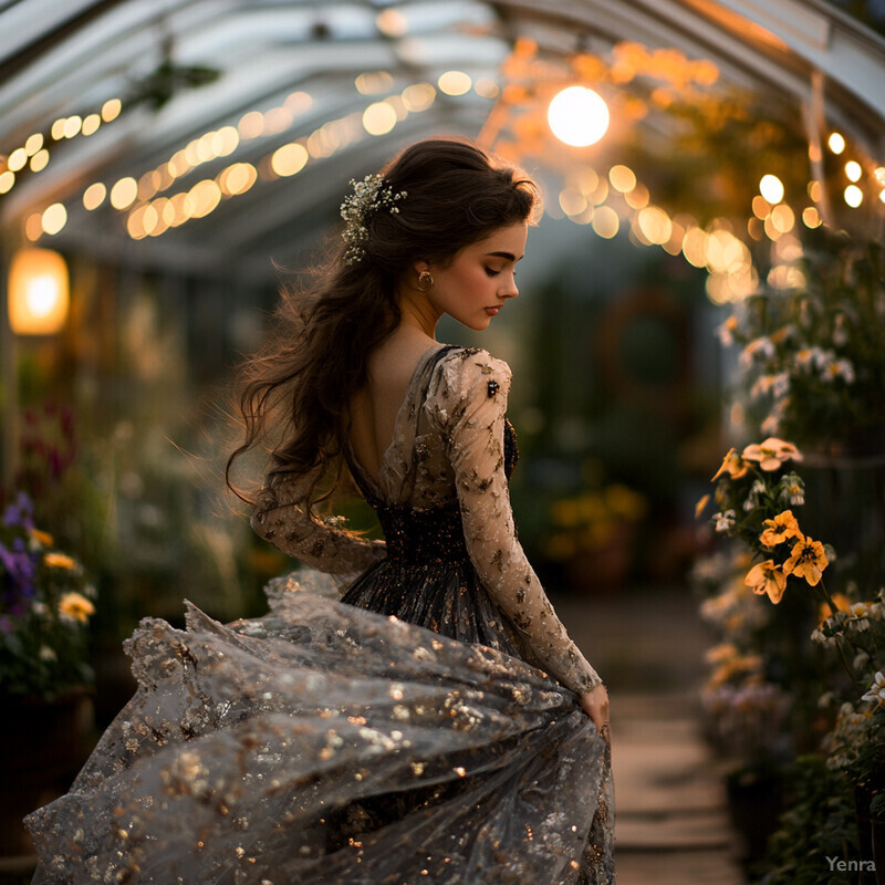 A woman stands confidently in a greenhouse surrounded by lush greenery and vibrant flowers, exuding poise and grace.