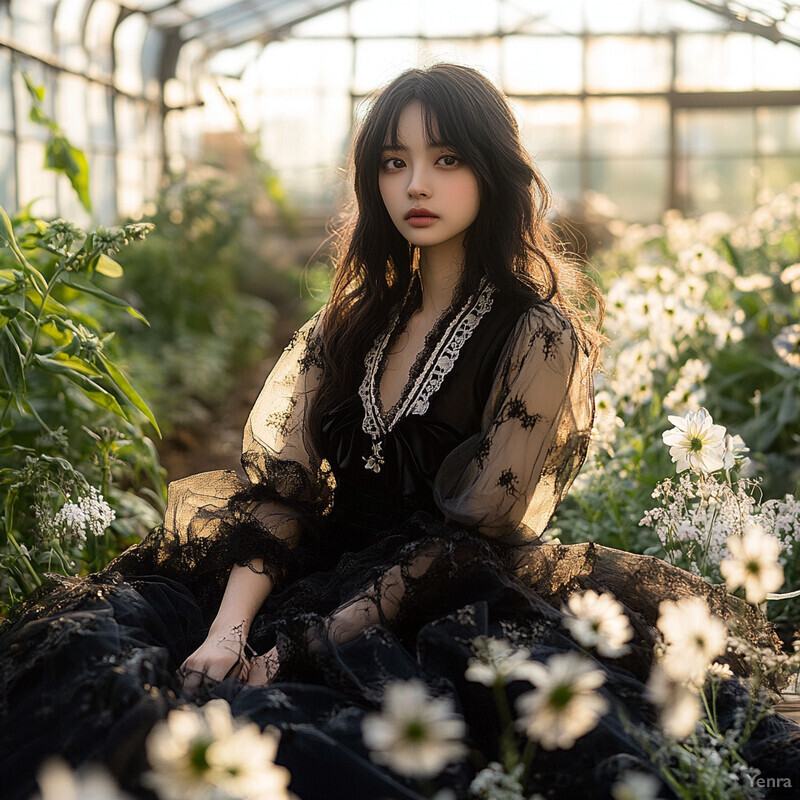 A young woman sits amidst white flowers in an outdoor setting