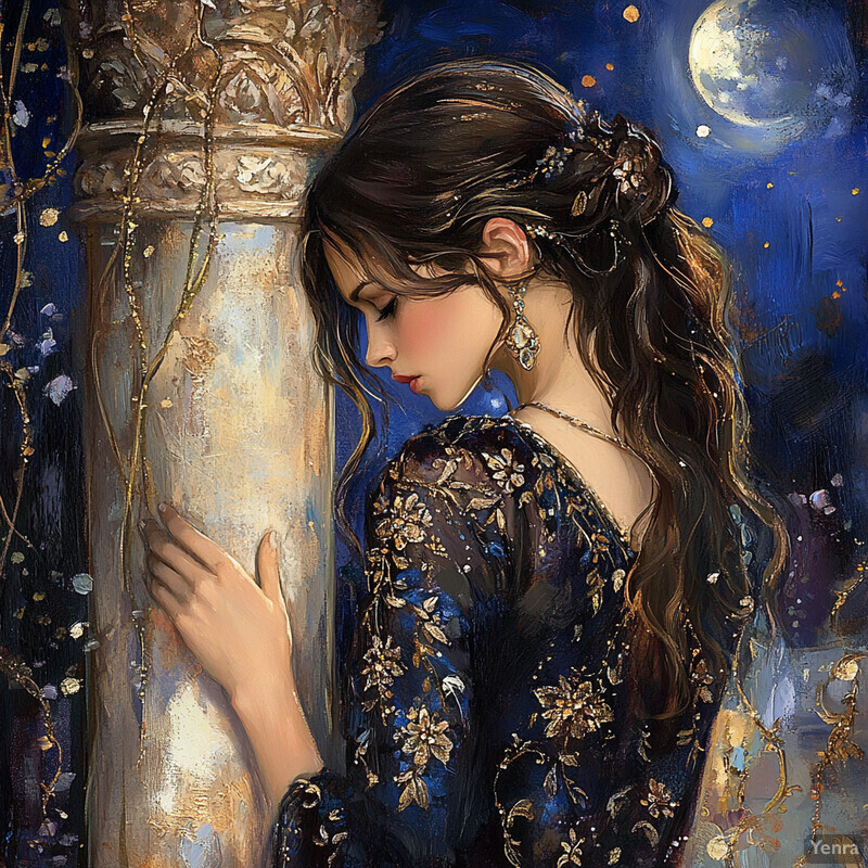 A woman with long brown hair leans against a stone column in a blue dress with gold embroidery, set against a background featuring a moon casting a soft glow.