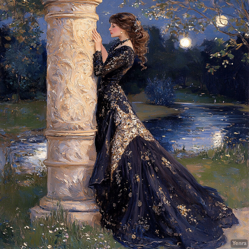 A woman stands by an ornate column in a garden or park at night, surrounded by moonlight and calmness.