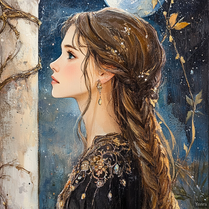 A woman with long brown hair and blue eyes, wearing a black dress with gold embroidery and jewelry, gazing into the distance.