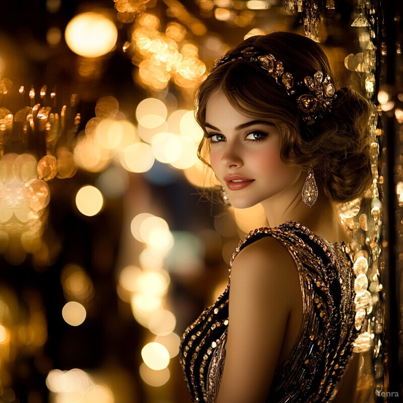 A woman in a gold sequined dress poses elegantly against a dark city backdrop