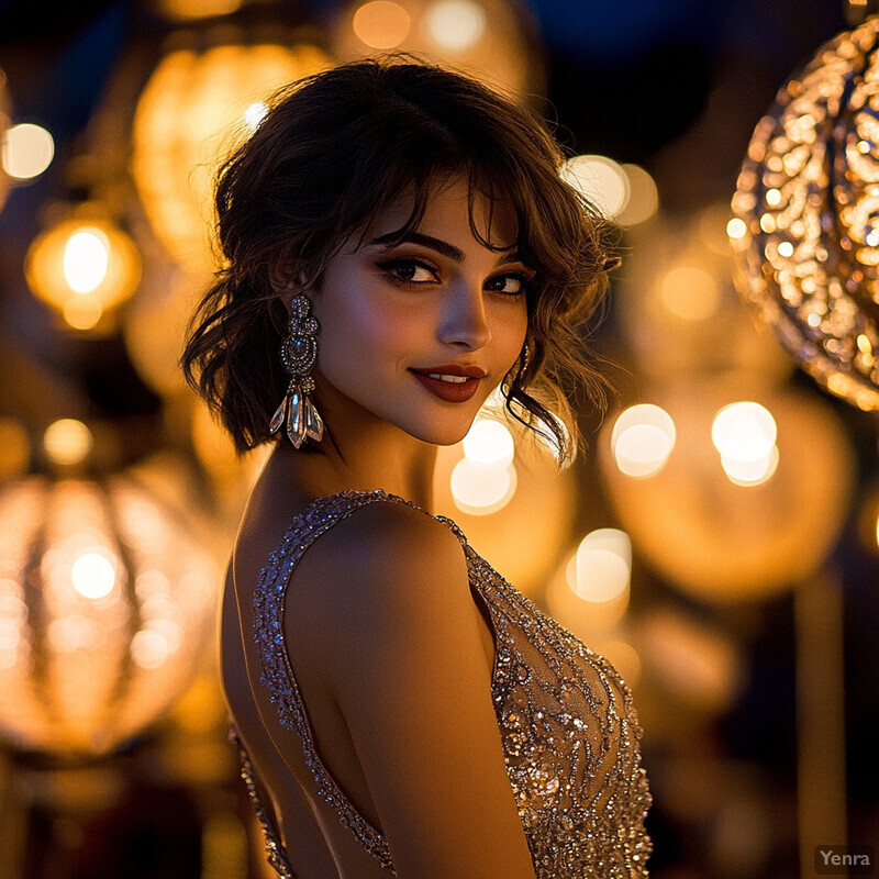 Woman in gold gown posing in front of blurred background