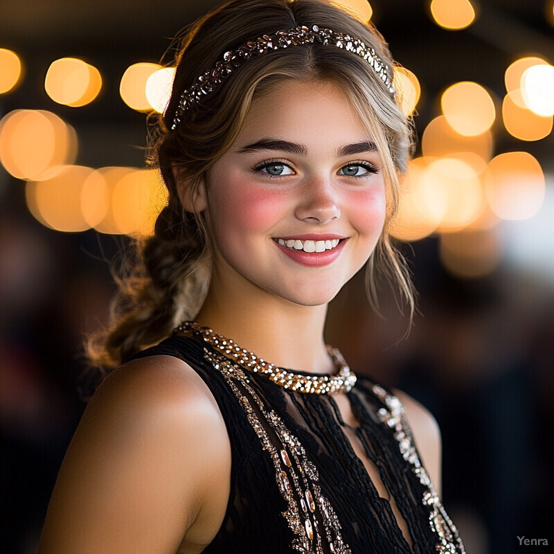 A young woman with fair skin and blonde hair styled in a braid, wearing a black dress adorned with gold embellishments on the neckline.