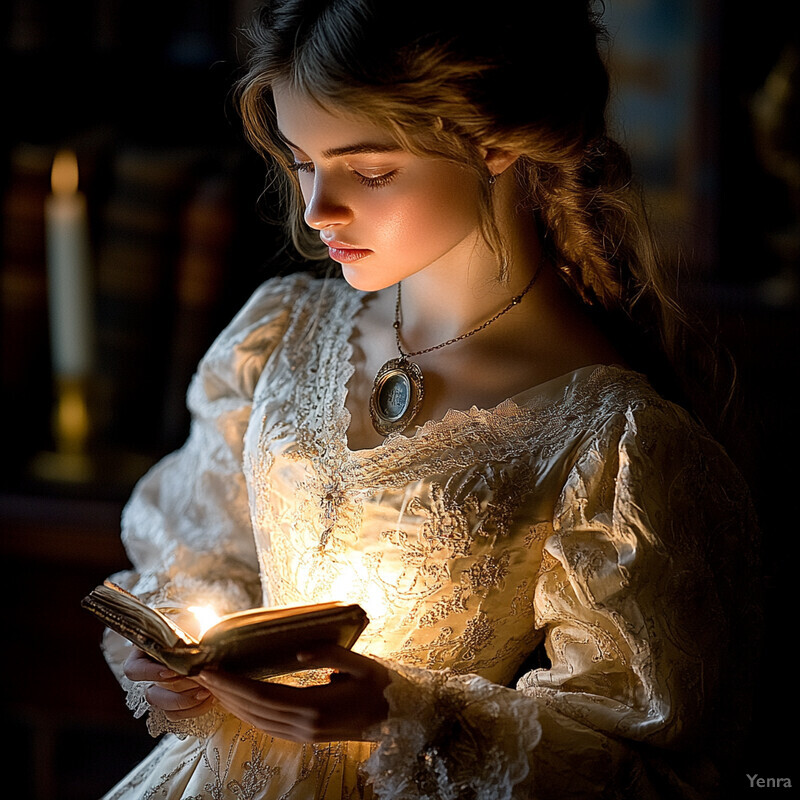 A young woman with long brown hair and a white lace dress holds an open book illuminated by candlelight.