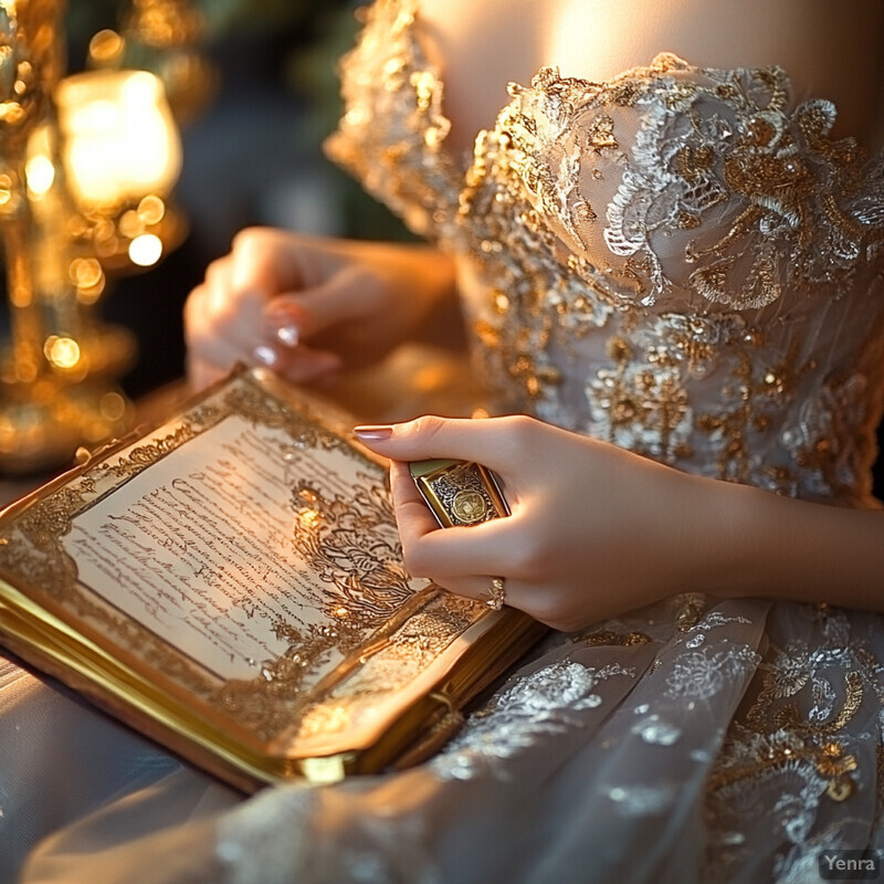 A woman in an elaborate dress holds a book adorned with gold filigree and lace, surrounded by soft golden light from candles on a nearby table.