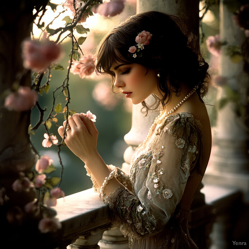 A serene and elegant scene featuring a woman standing in front of a stone wall adorned with pink flowers