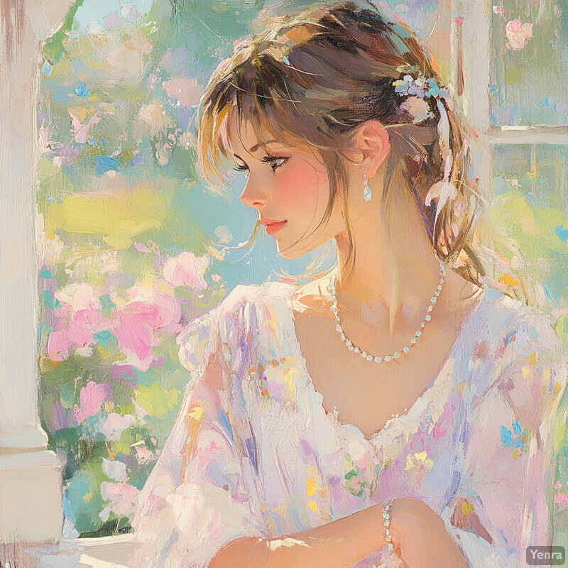 A woman in a white floral dress sits by a window, surrounded by lush greenery, exuding serenity and refinement.