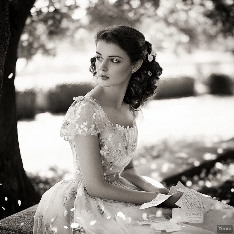 A serene and elegant scene of a woman surrounded by lush greenery and vibrant flowers