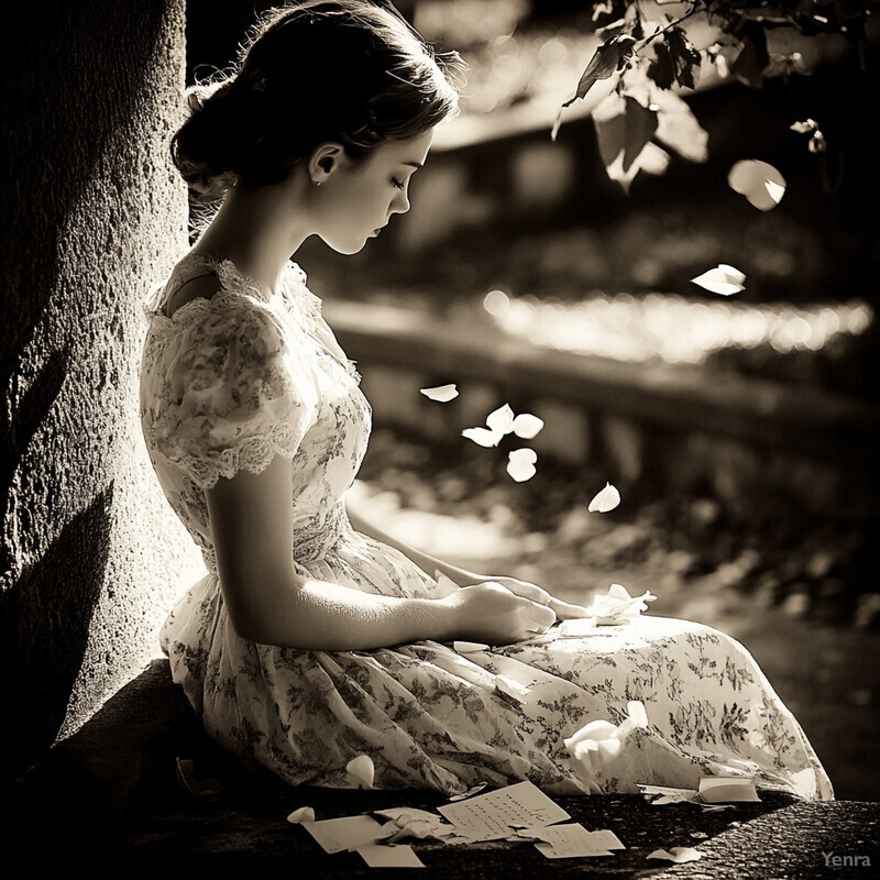 A woman sits on the ground surrounded by petals and papers in a serene garden setting.