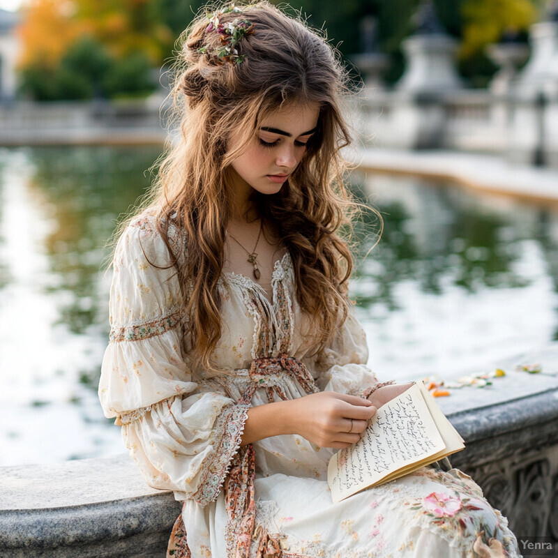 A young woman sits by a body of water, engrossed in reading an old-fashioned book.