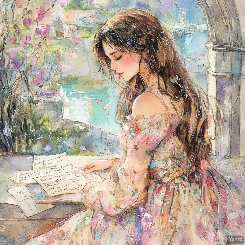 A woman sits by a window, writing in a journal or letter, surrounded by nature's beauty.