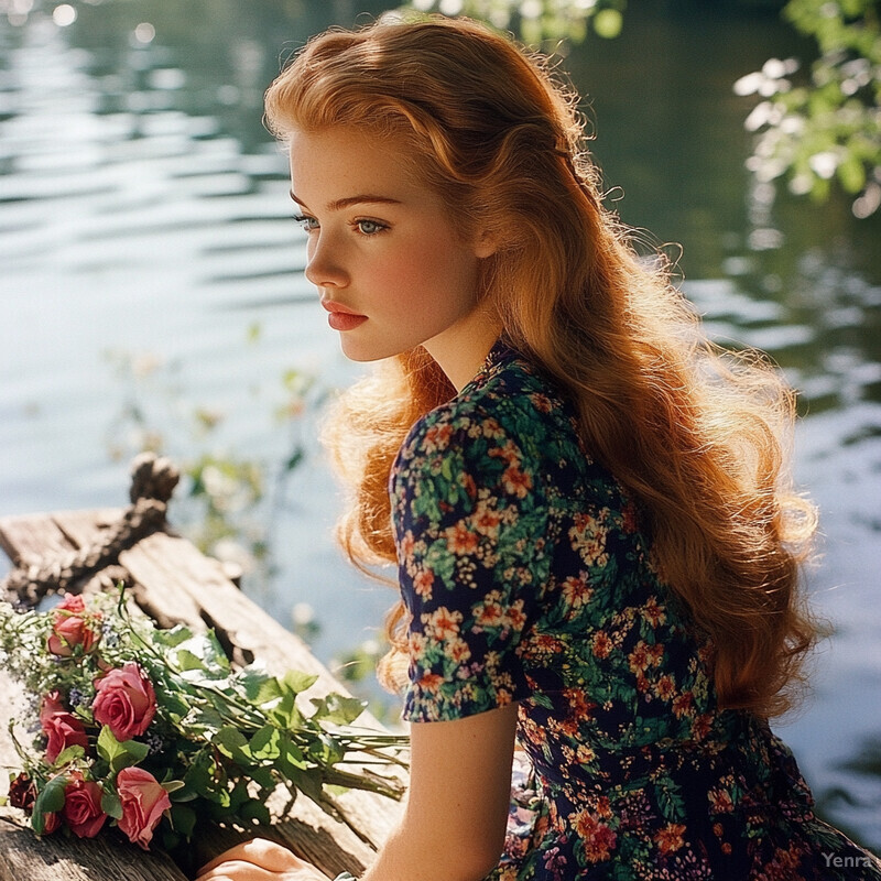 A young woman sits on a dock overlooking a lake, surrounded by lush greenery and vibrant flowers.