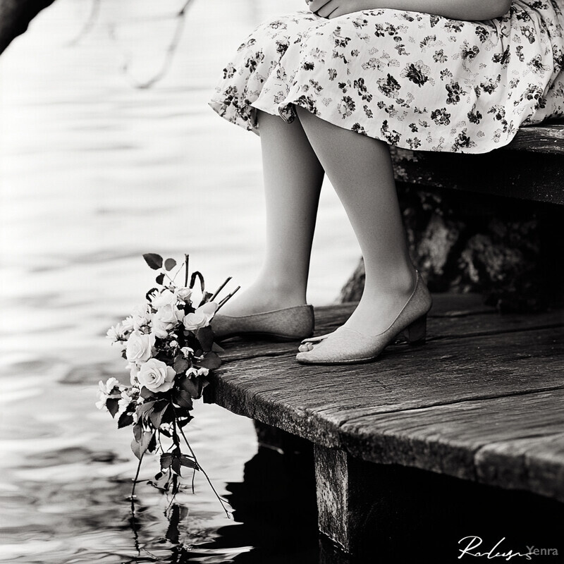 A person sits on a dock surrounded by water and flowers, conveying a sense of relaxation and contentment.