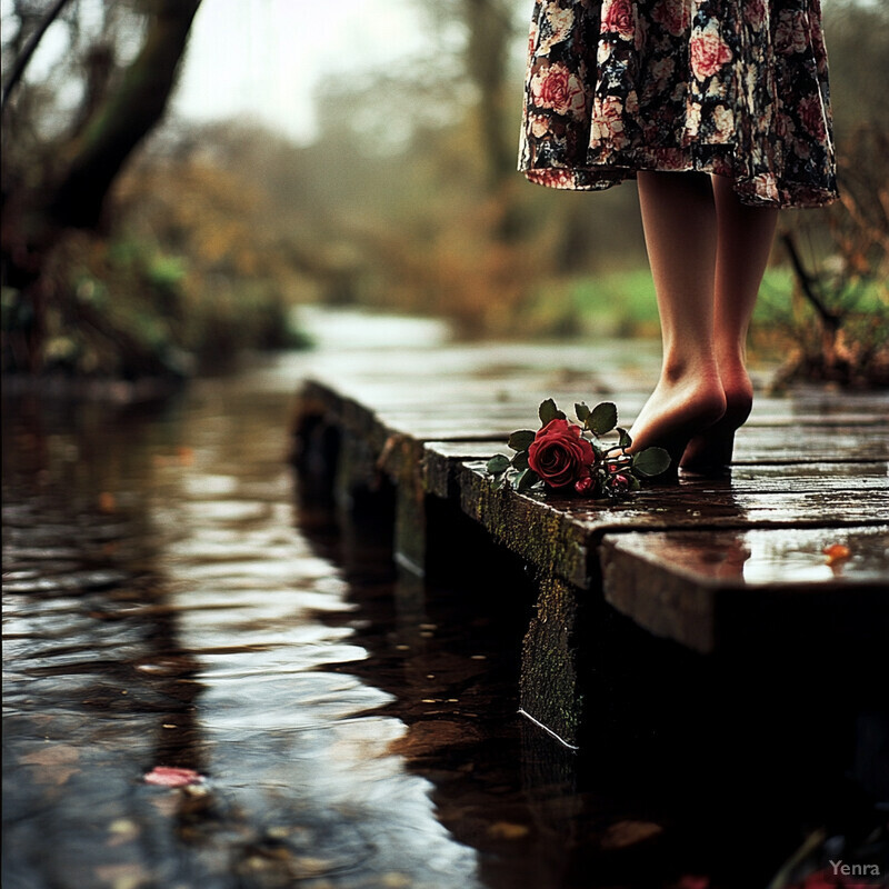 A woman stands confidently on a wooden dock, surrounded by lush greenery and water, exuding elegance and poise.