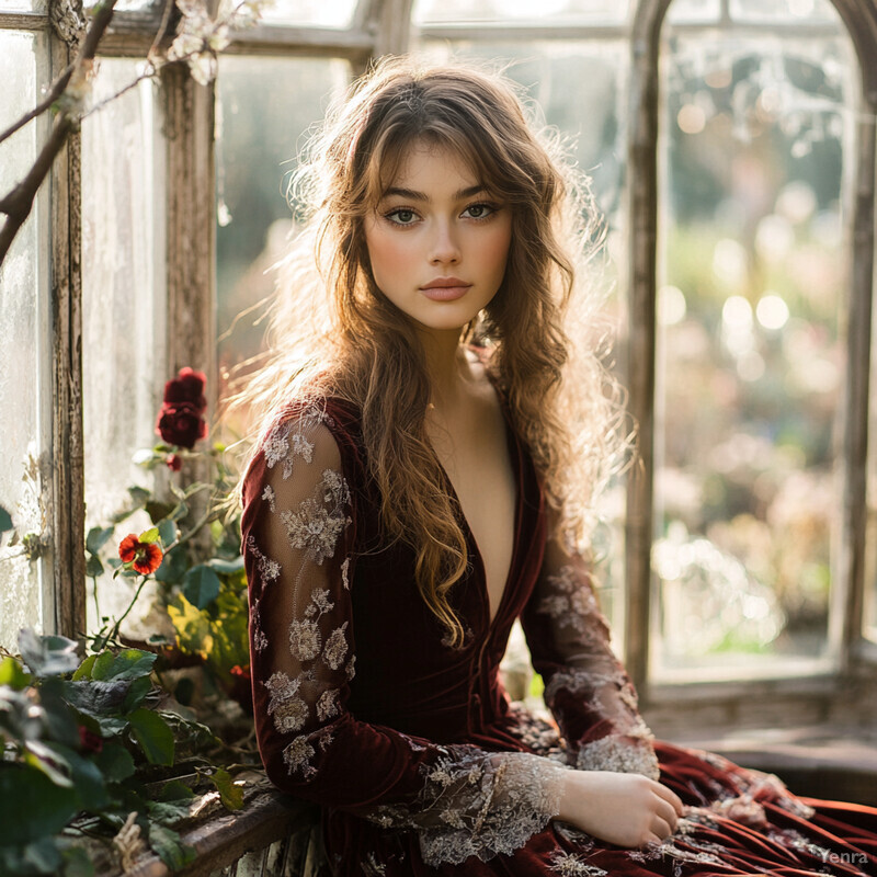 A serene and romantic scene of a young woman sitting by an old window, surrounded by lush greenery and vibrant flowers.