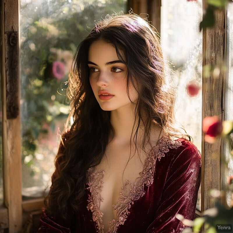 A woman in a red velvet dress poses for an advertisement or promotional material.