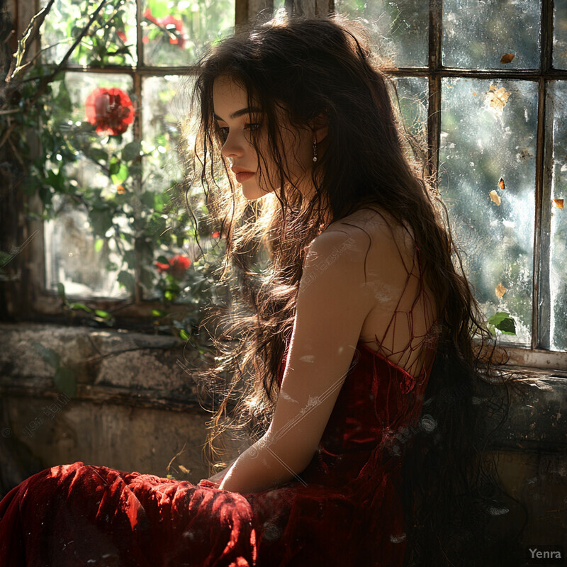 A serene and intimate scene of a woman sitting by a window, lost in thought.