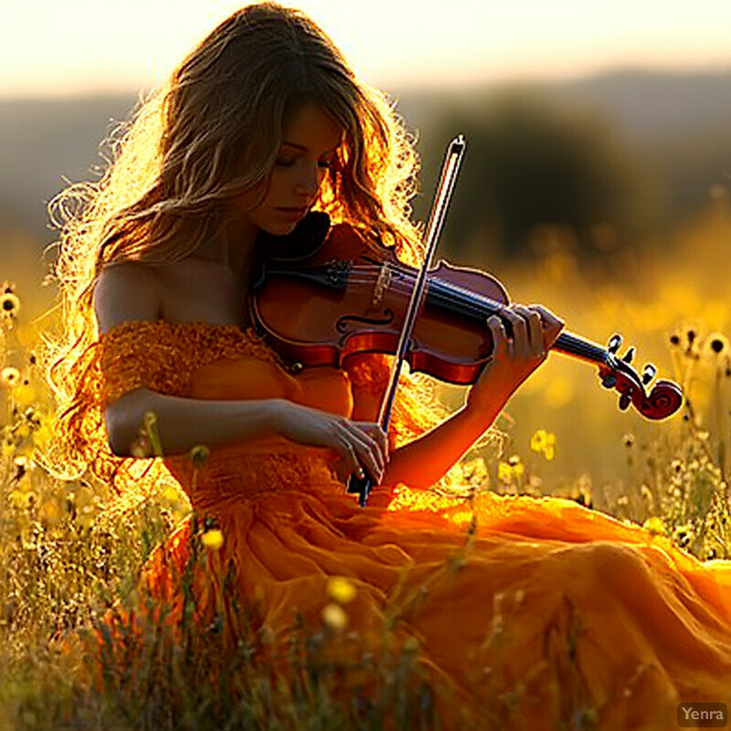 A woman plays the violin in a field of wildflowers at sunset, surrounded by trees and hills in the background.