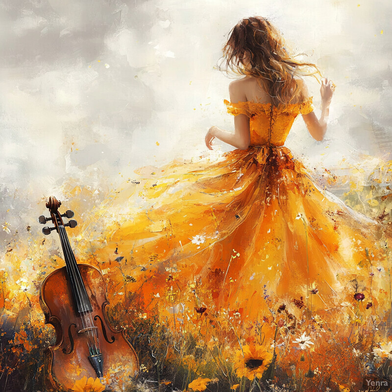 A woman in an orange dress stands in a field of flowers with a cello nearby