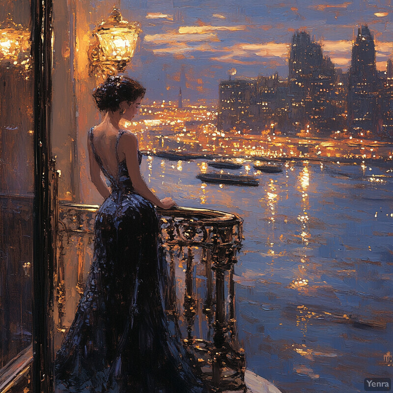 A woman in a blue dress stands on a balcony overlooking a city skyline at sunset