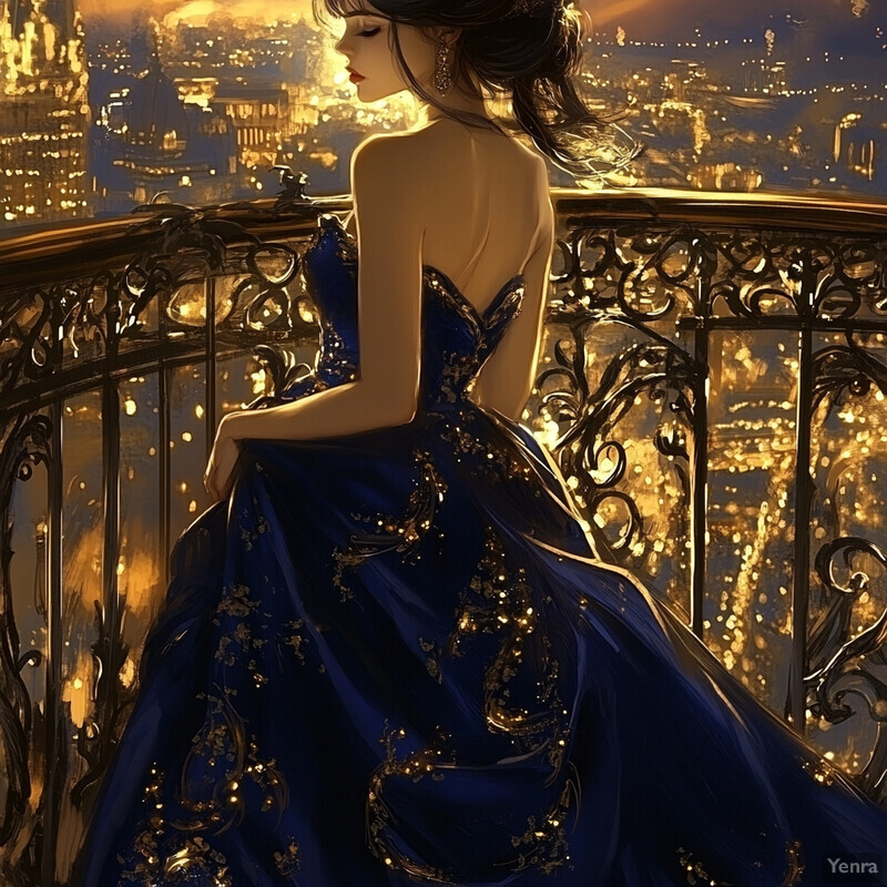 A woman in a blue dress stands on a balcony overlooking a cityscape at night.