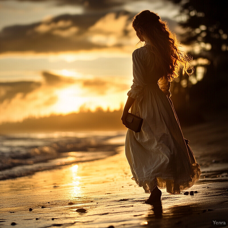 A woman stands on the beach at sunset, gazing out towards the ocean as the warm light casts a golden glow over the scene.