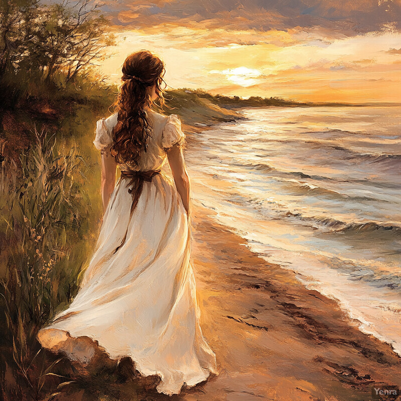 A woman in a white dress walking along the beach at sunset