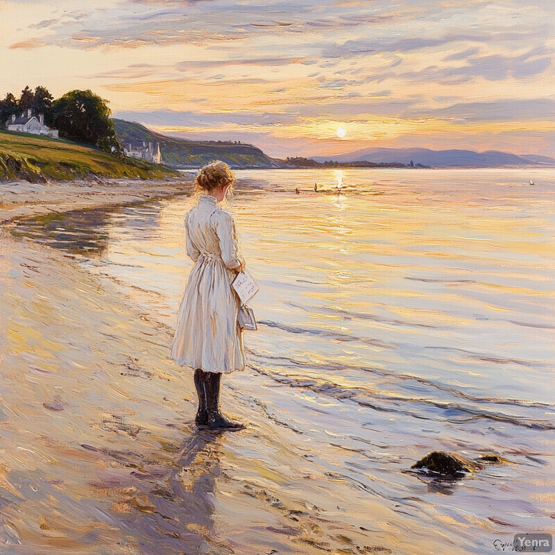 A woman stands on a beach at sunset, gazing out at the sea as the sun sets behind her.