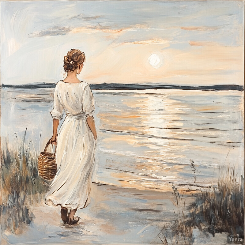 A serene beach scene at sunset or sunrise, featuring a woman in white walking along the shoreline with a wicker basket.