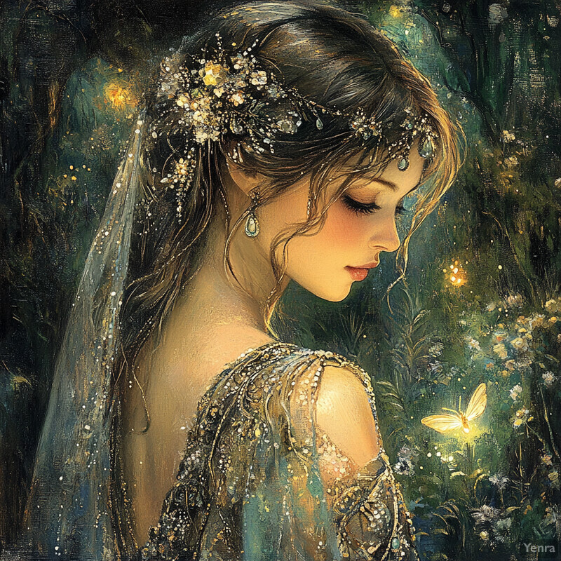 A serene portrait of a woman with long brown hair and a floral headpiece, set amidst a lush garden filled with vibrant flowers and towering trees.