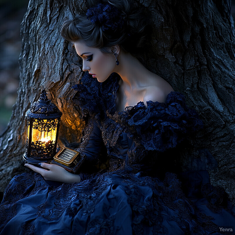 A woman in a blue dress sits against a tree trunk, holding an intricately designed lantern.