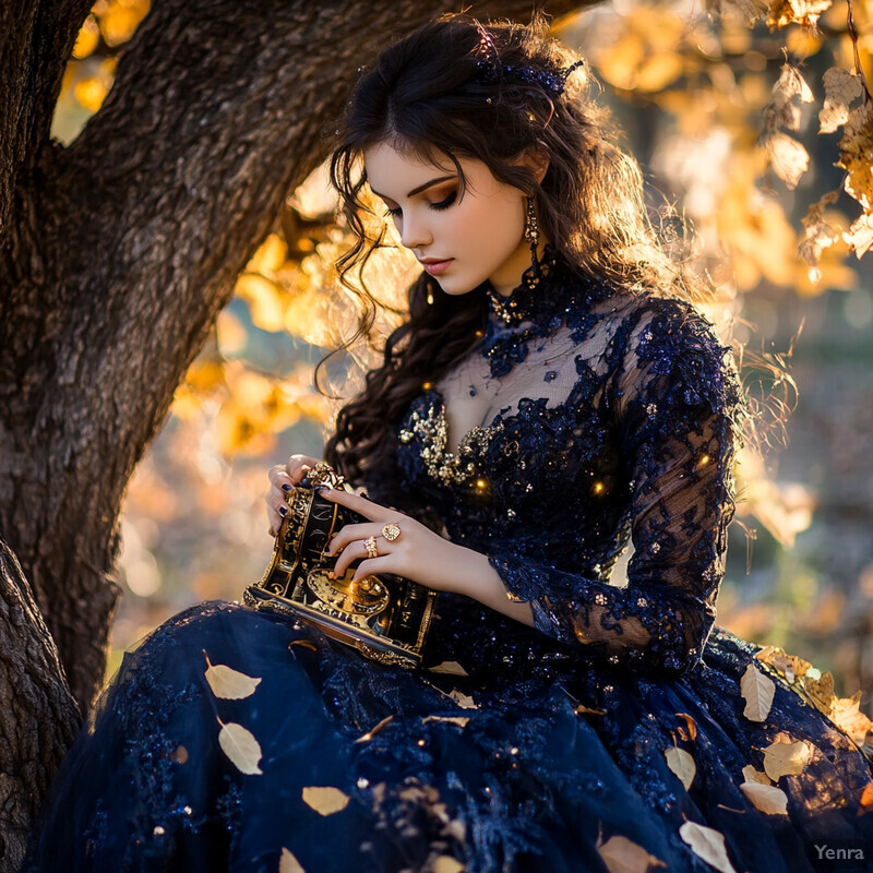 A young woman with dark hair and fair skin sits in front of a tree trunk, holding a small black music box or jewelry box and gazing downward at it.