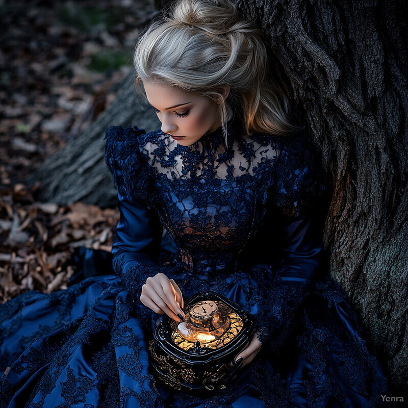 A woman sits by a tree trunk, holding a typewriter and appearing to be lost in thought.