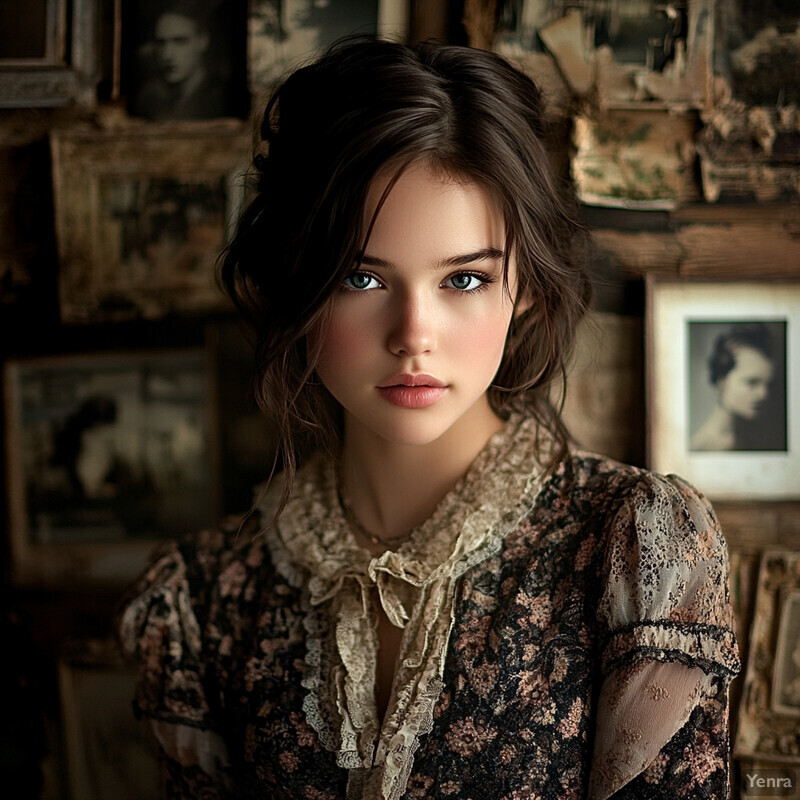 A young woman in a dark floral dress stands against a wall adorned with numerous framed photographs, exuding an atmosphere of sophistication and refinement.