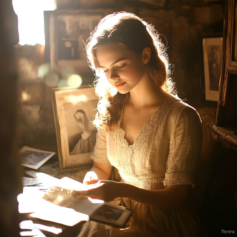 A woman sits at a desk surrounded by objects and artifacts, engaged in some sort of activity.