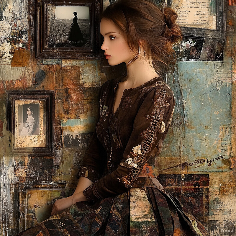 A woman sits in front of a wall covered in framed photographs, exuding a sense of nostalgia and intimacy.