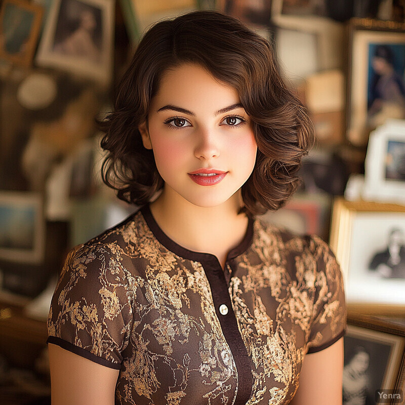 A young woman stands in front of a wall of framed pictures, wearing a black lace top with gold floral patterns.