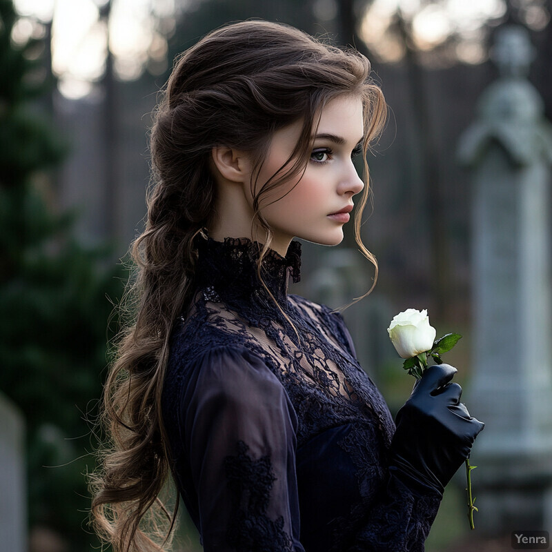 A young woman in dark attire holding a white rose in a cemetery or graveyard setting