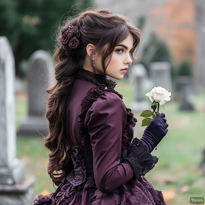 A woman stands in front of a cemetery, holding a white rose and dressed in a purple Victorian-style dress.