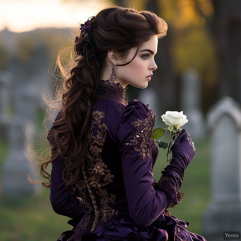 A woman in Victorian attire stands amidst a graveyard, holding a white rose.