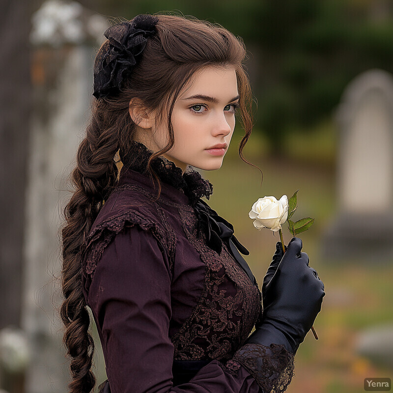 A young woman stands amidst a cemetery, dressed in Victorian attire and holding a white rose.