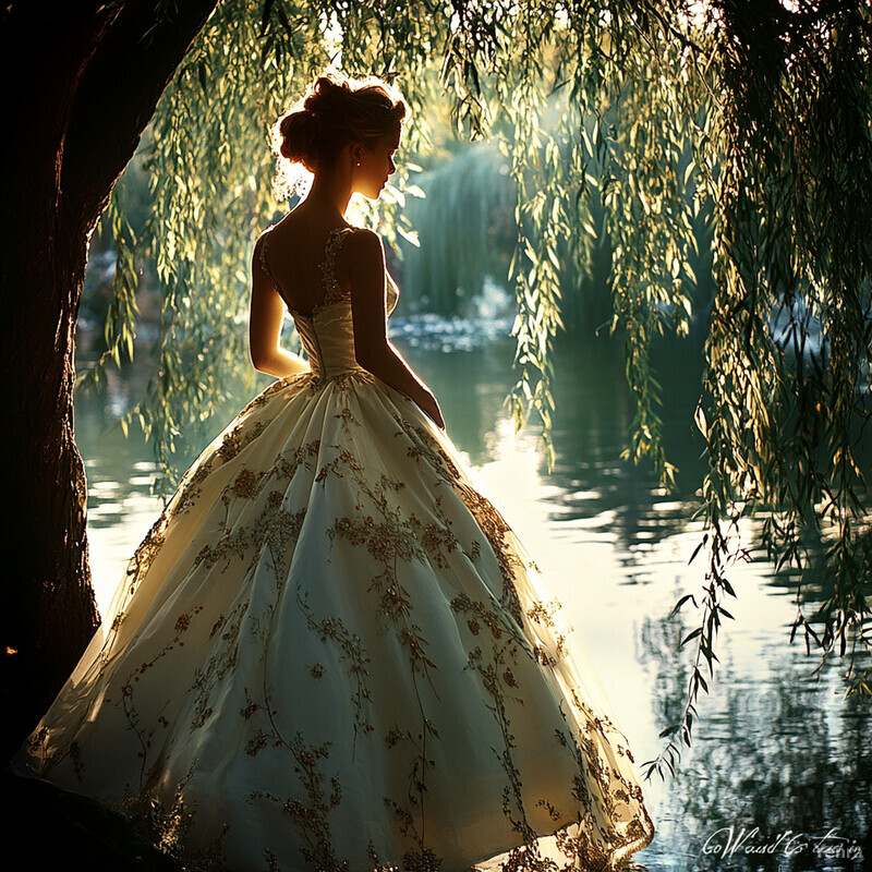 A woman in a ballgown stands by a lake under a willow tree